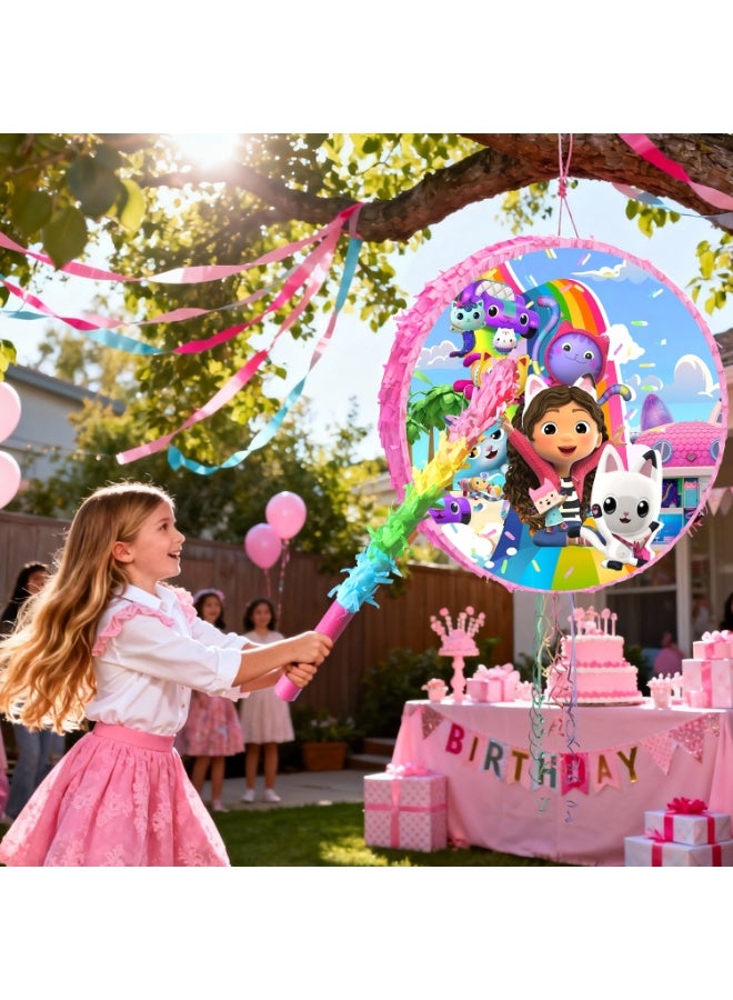 FRUITFUL PARTY Gabby's Dollhouse Round Pinata, Gabby Party Pinata Bundle - Large Cat-Themed Pinata, Magical Dollhouse Party Game Decorations Party Stick etc Gabby's Dollhouse Pinata Birthday Party Decoration Supplies - Image 3
